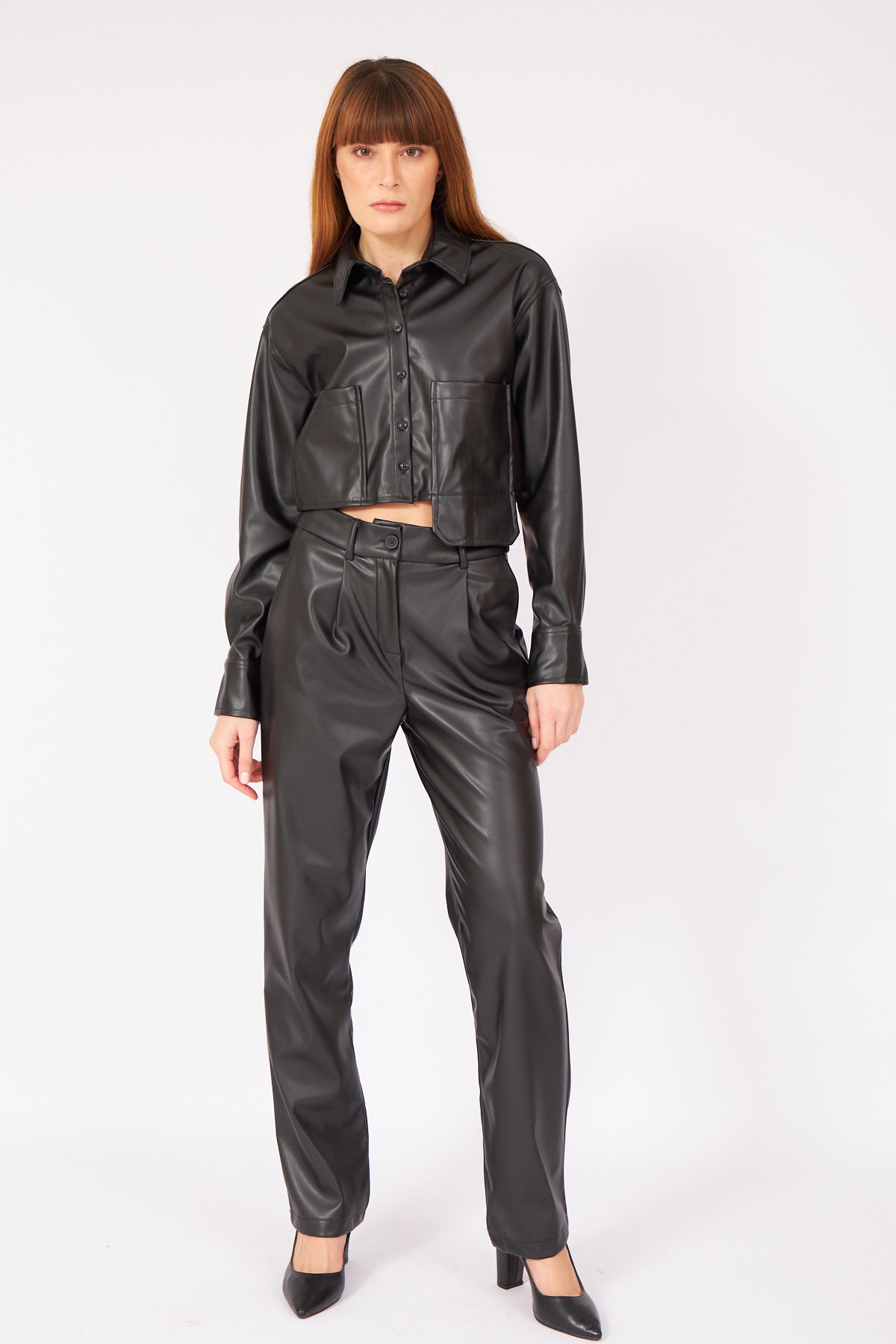Black Leather Large Pocket Shirt Suit - Lebbse