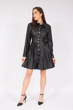 Black Leather Pleated Short Shirt Dress With Pockets - Lebbse