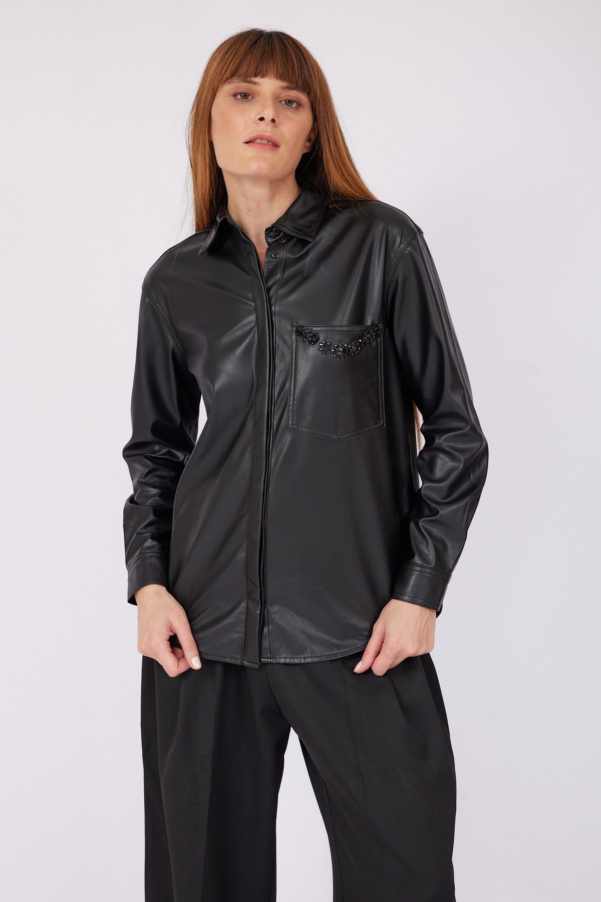 BLACK LEATHER STONE SHIRT - Lebbse