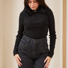 BLACK PLUSH COLLAR ZIPPERED KNITWEAR - Lebbse