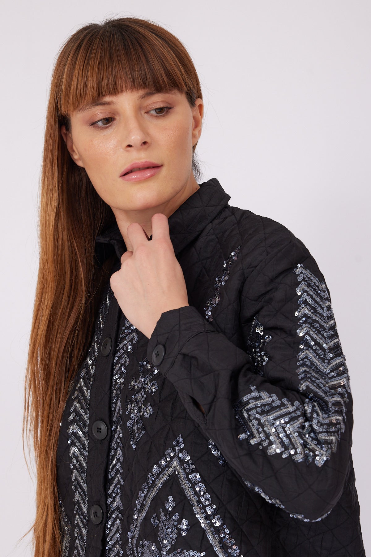 BLACK SEQUIN EMBROIDERED OVERSIZE SHIRT - Lebbse