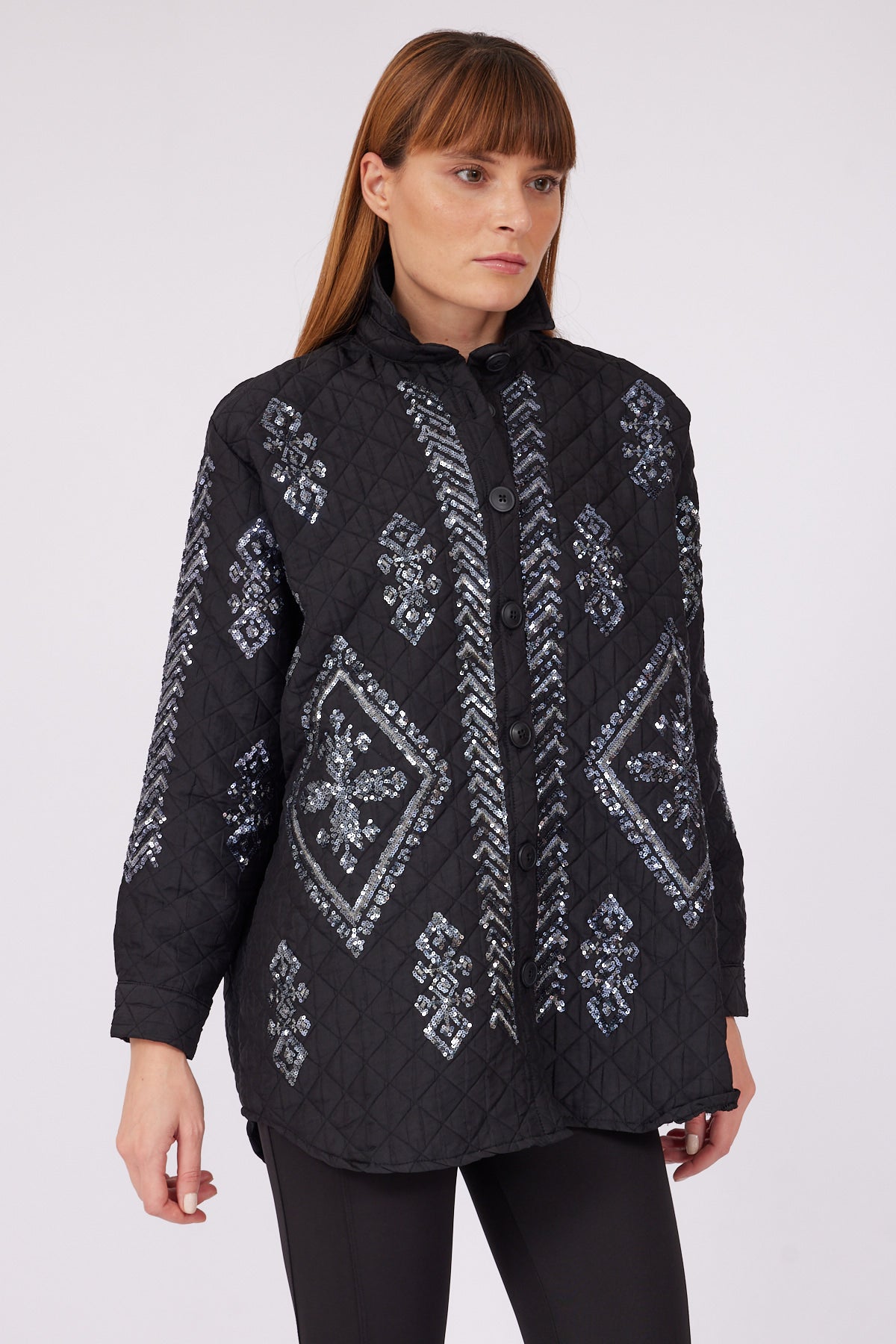 BLACK SEQUIN EMBROIDERED OVERSIZE SHIRT - Lebbse