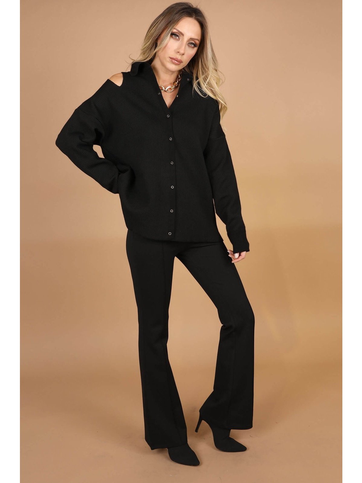 Black Shoulder Decollete Snaps Knitwear - Lebbse
