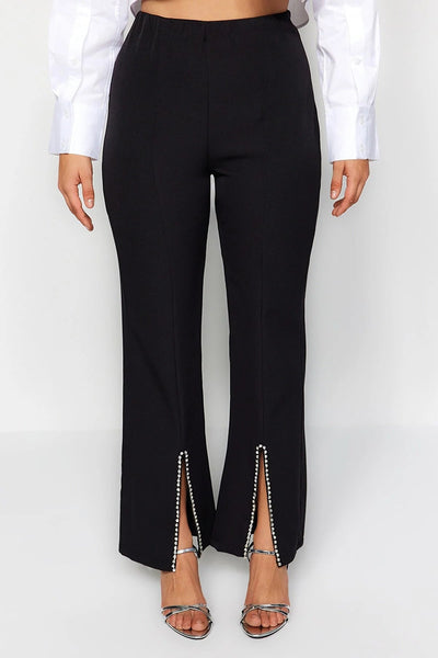 Black Stone Detailed Finike Woven Trousers - Lebbse