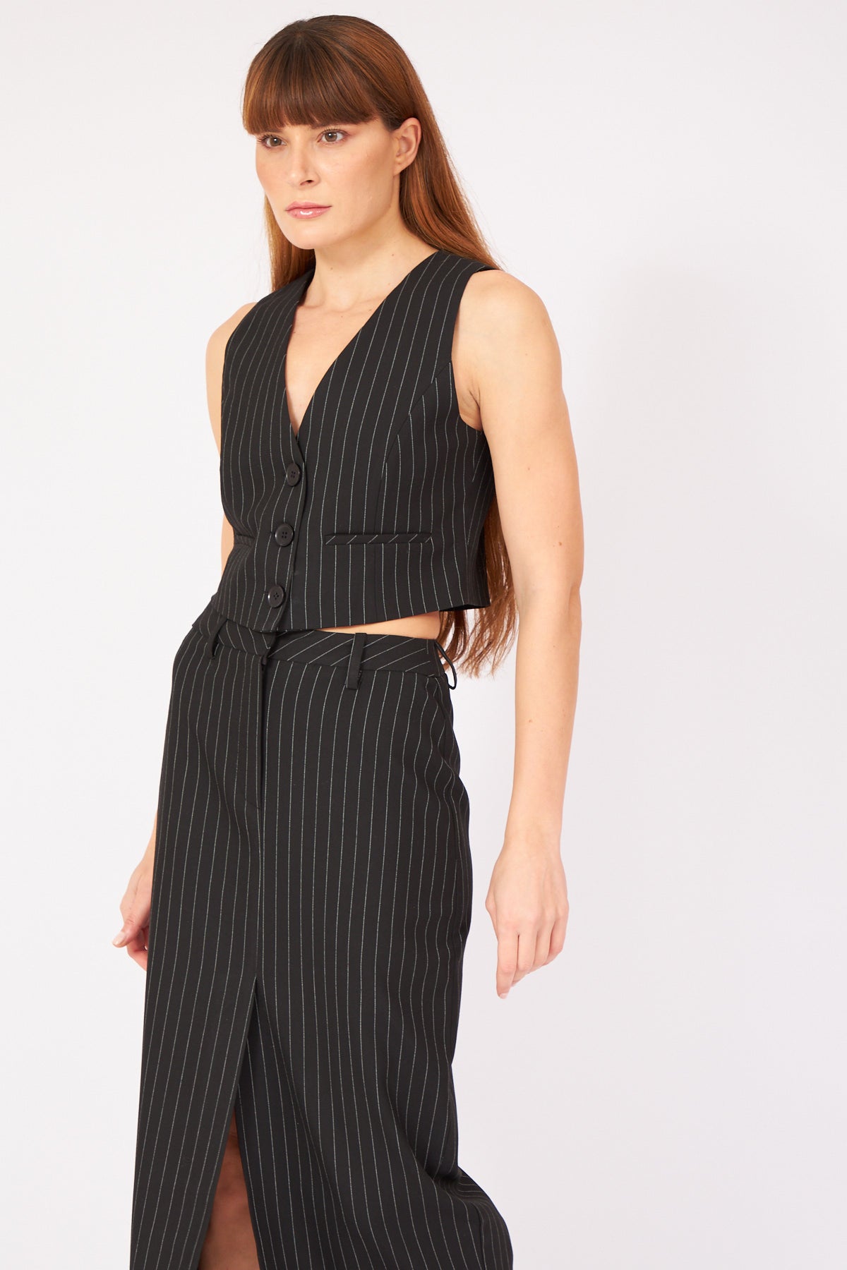 Black Striped Premium Vest Skirt Suit - Lebbse