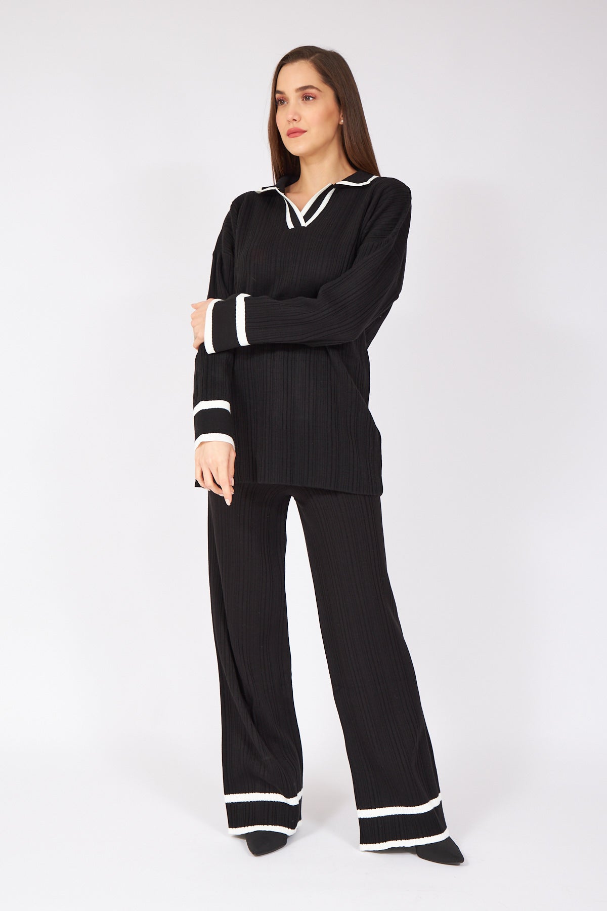 Black white Striped Polo Neck Knitwear Suit - Lebbse