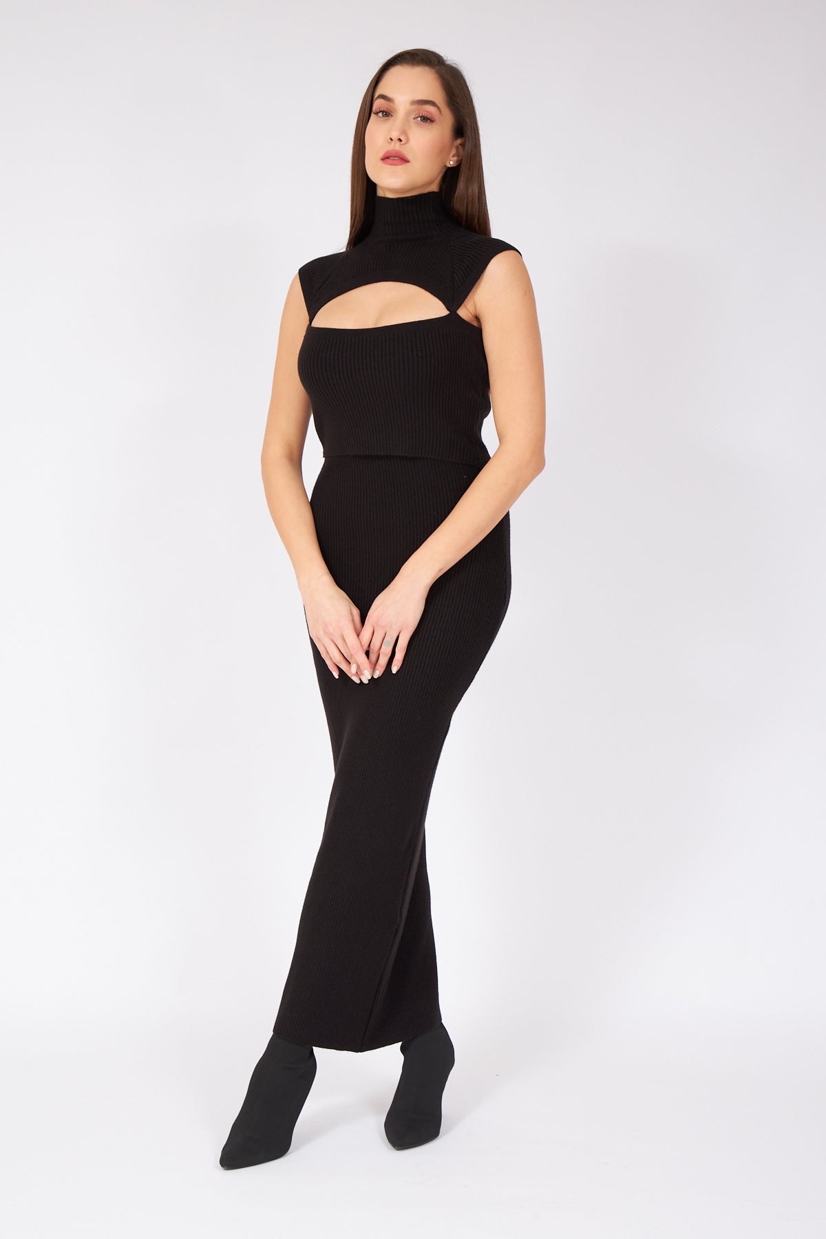 Black Window Collar Long Dress - Lebbse