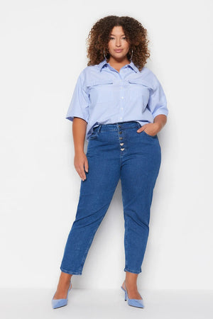 Blue Button Detailed Mom Fit Jeans - Lebbse