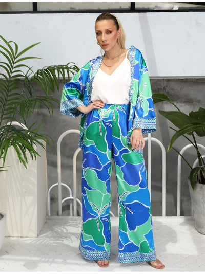 BLUE GREEN FLORAL KIMONO SET - Lebbse