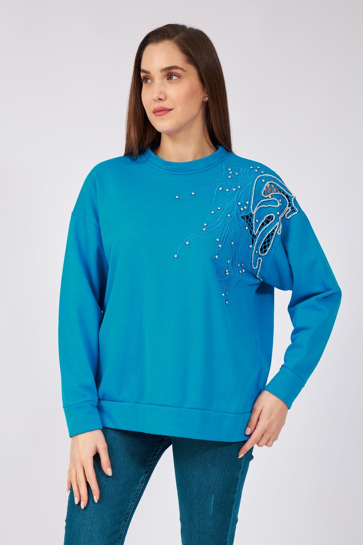 Blue Stone Detailed Sweatshirt - Lebbse