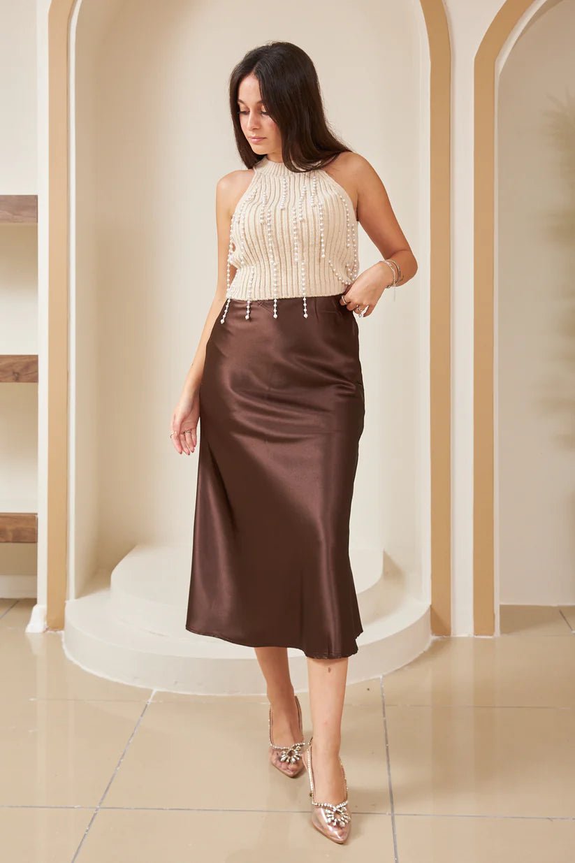 Brown Elastic Satin Skirt - Lebbse