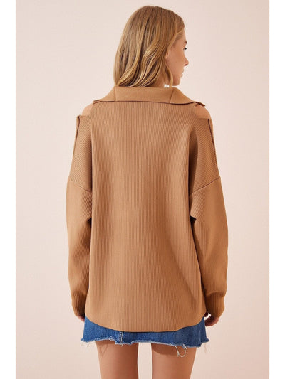 Camel Cut Out Detailed Knitwear Cardigan - Lebbse