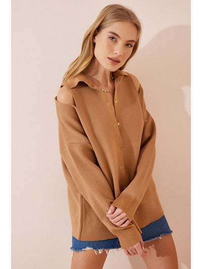 Camel Cut Out Detailed Knitwear Cardigan - Lebbse