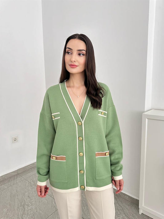 Colorful Pocket Detail Gold Buttoned Cardigan Green - Lebbse