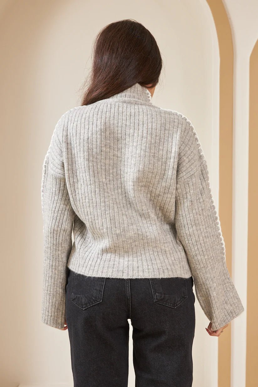 Crochet Detailed Turtleneck Sweater Gray - Lebbse