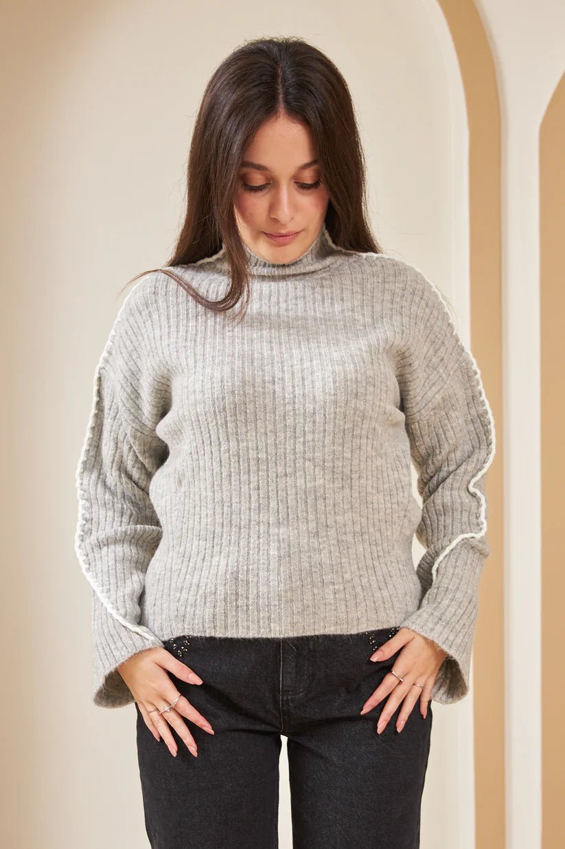 Crochet Detailed Turtleneck Sweater Gray - Lebbse