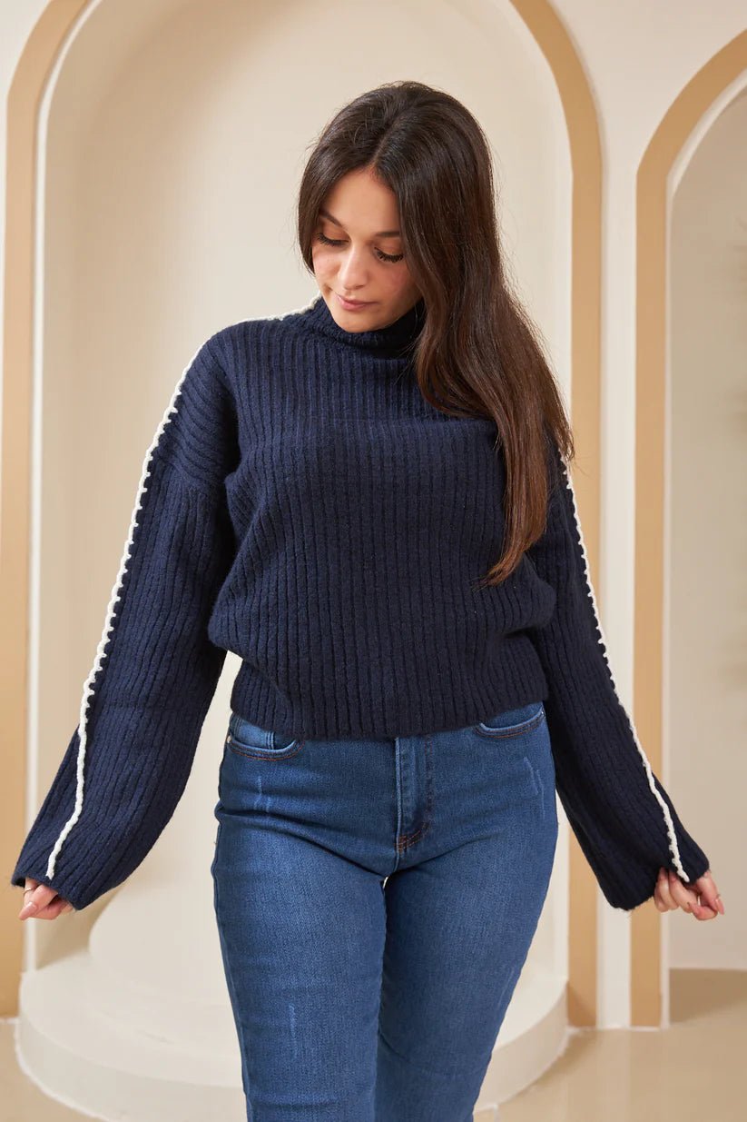 Crochet Detailed Turtleneck Sweater Navy Blue - Lebbse