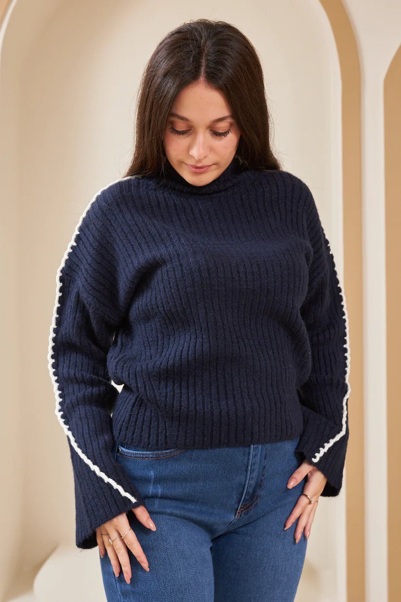 Crochet Detailed Turtleneck Sweater Navy Blue - Lebbse