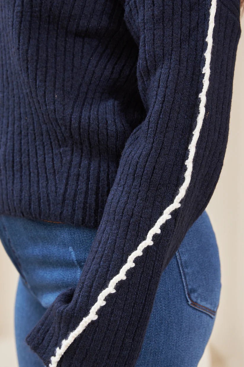 Crochet Detailed Turtleneck Sweater Navy Blue - Lebbse