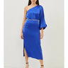 فساتين سهرة ساتان طويل أزرق داكن كتف واحد مع حزام على شكل سلسلة - Dark Blue One Shoulder Chain Belt Detailed Satin Dress