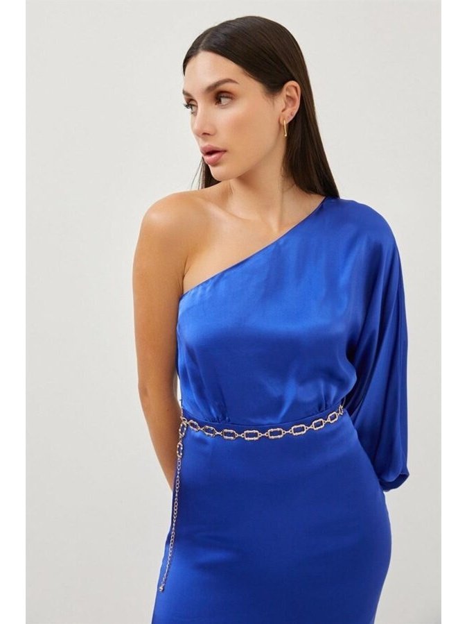 Dark Blue One Shoulder Chain Belt Detailed Satin Dress - Lebbse