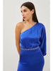 Dark Blue One Shoulder Chain Belt Detailed Satin Dress - Lebbse