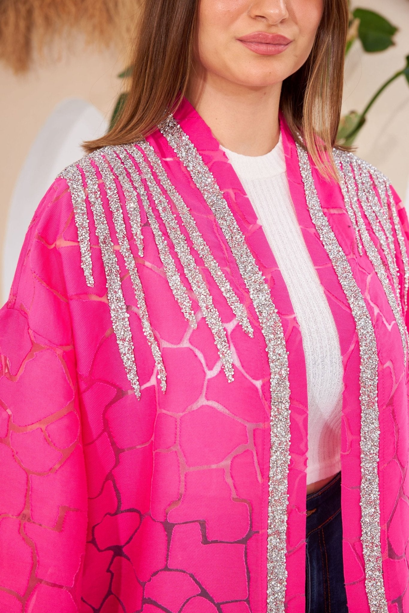 Dark Pink Stone Design Kimono - Lebbse