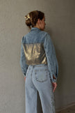 Denim Jacket With Gold Shiny Fabric Details On The Front And Back - Lebbse