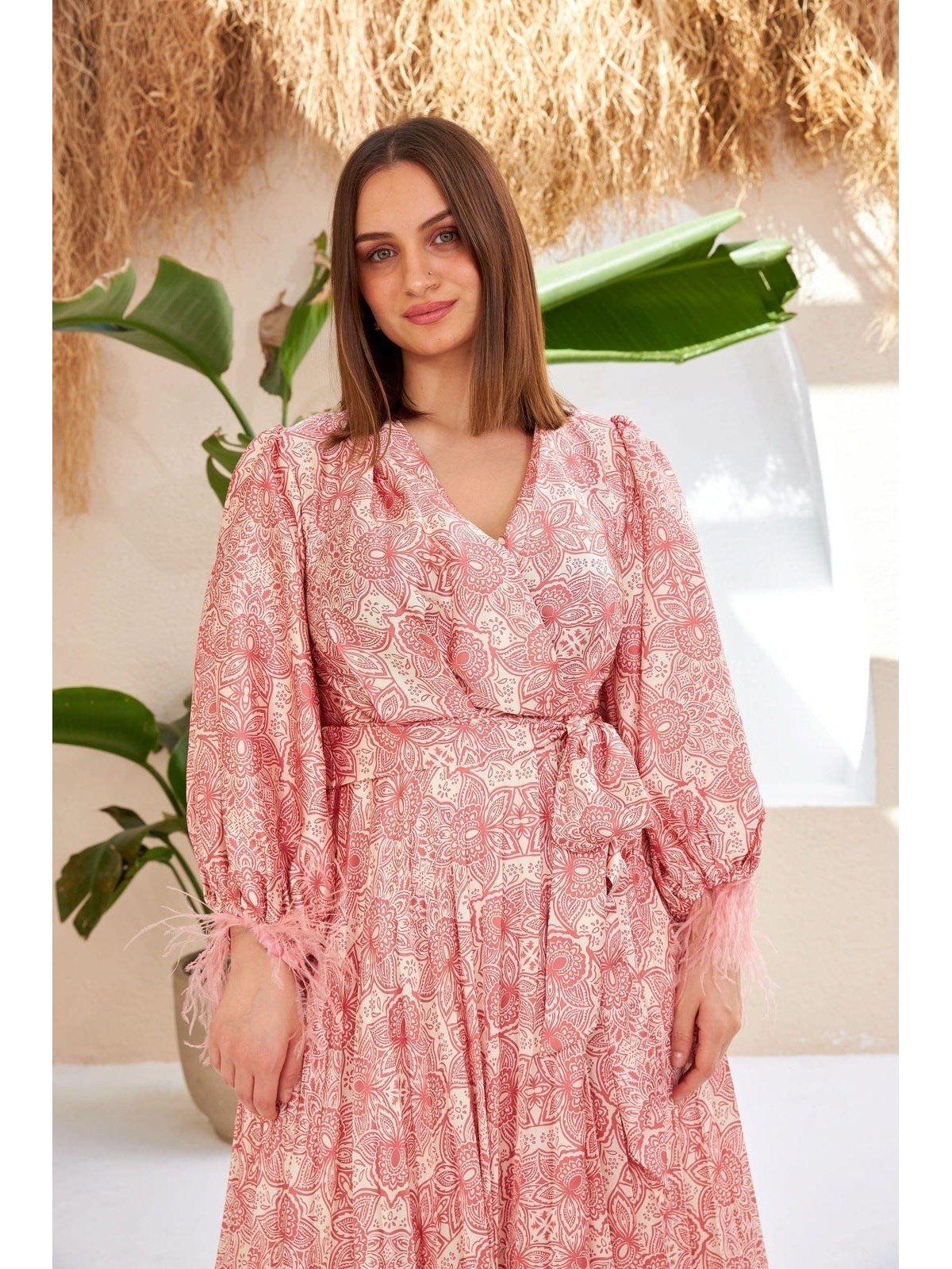 Rose Cross Tied Sleeves Feather Detailed Slit Dress | Clothing Rose Cross Tied Sleeves Feather Detailed Slit Dress | Clothing