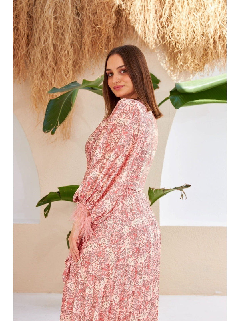 7- Ecru فستان روز فاتح شق مفصل - Ecru-dry Rose Cross Tied Sleeves Feather Detailed Slit Dress