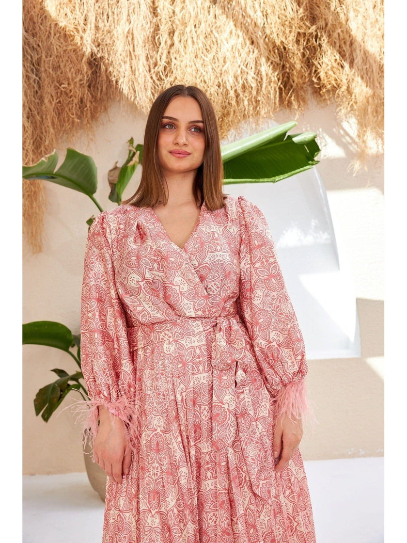 3- Ecru فستان روز فاتح شق مفصل - Ecru-dry Rose Cross Tied Sleeves Feather Detailed Slit Dress