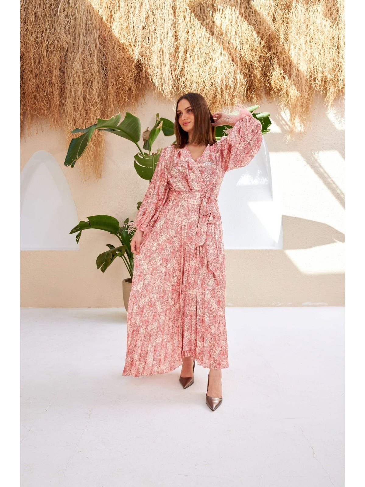 Rose Cross Tied Sleeves Feather Detailed Slit Dress | Clothing Rose Cross Tied Sleeves Feather Detailed Slit Dress | Clothing
