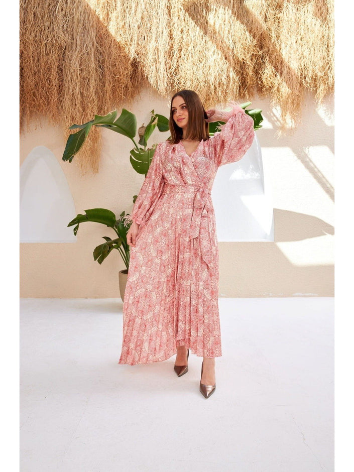 2- Ecru فستان روز فاتح شق مفصل - Ecru-dry Rose Cross Tied Sleeves Feather Detailed Slit Dress