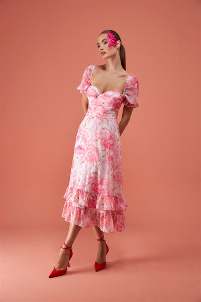 Floral Patterned Pink Midi Dress - Lebbse