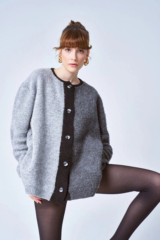 Gray Bone Button Detailed Color Transition Boucle Cardigan - Lebbse