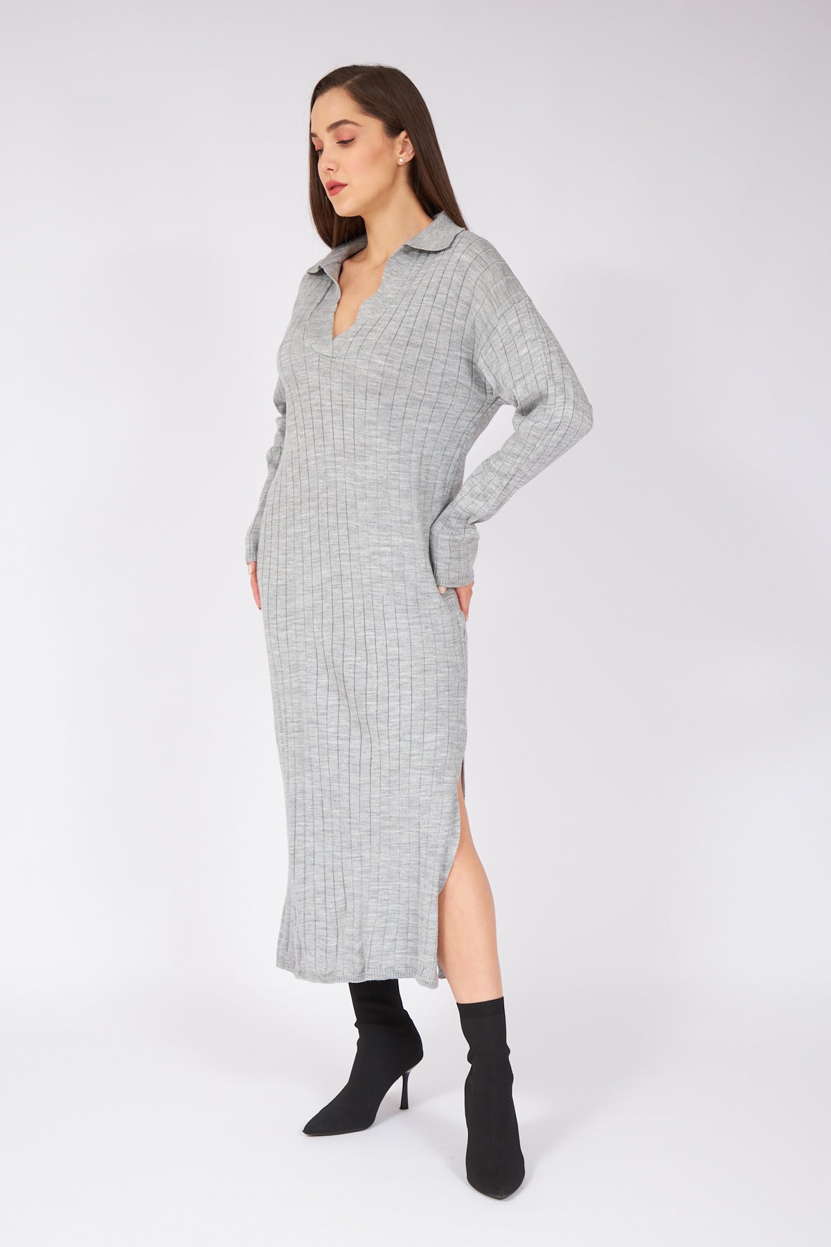Gray Casual Midi Length Long Sleeve Knitwear Dress - Lebbse
