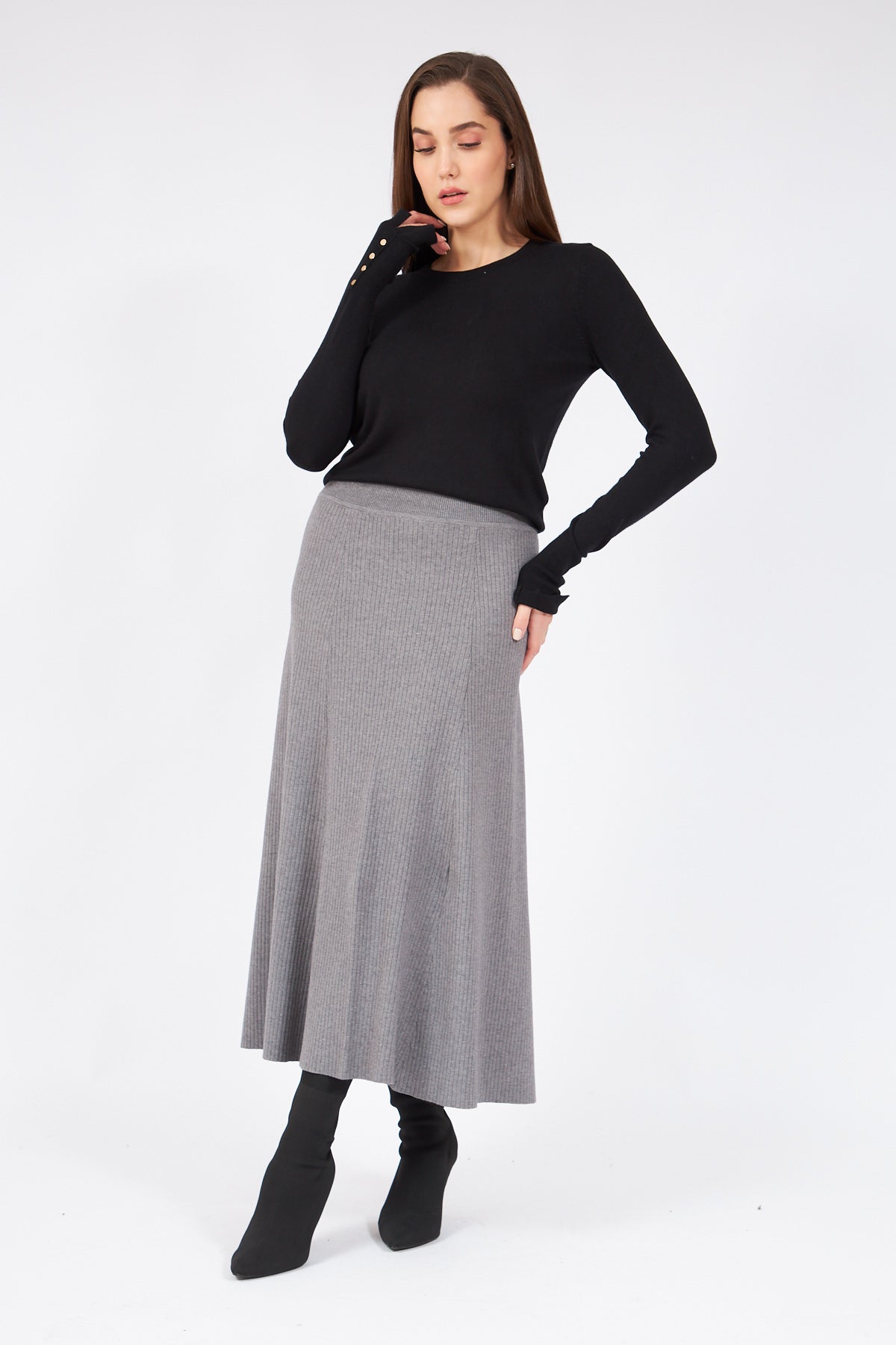 Gray Ribbed Midi Skirt - Lebbse