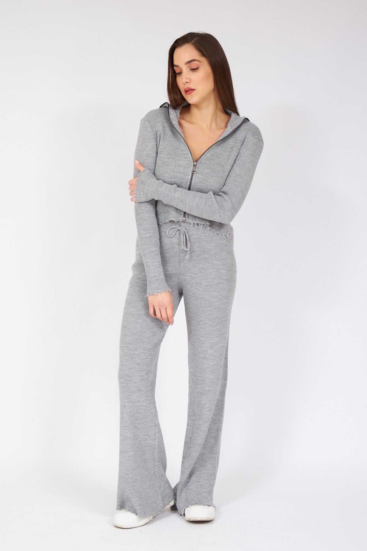 Gray Ripped Detailed Wide Leg Trousers Zippered Knitwear Suit - Lebbse