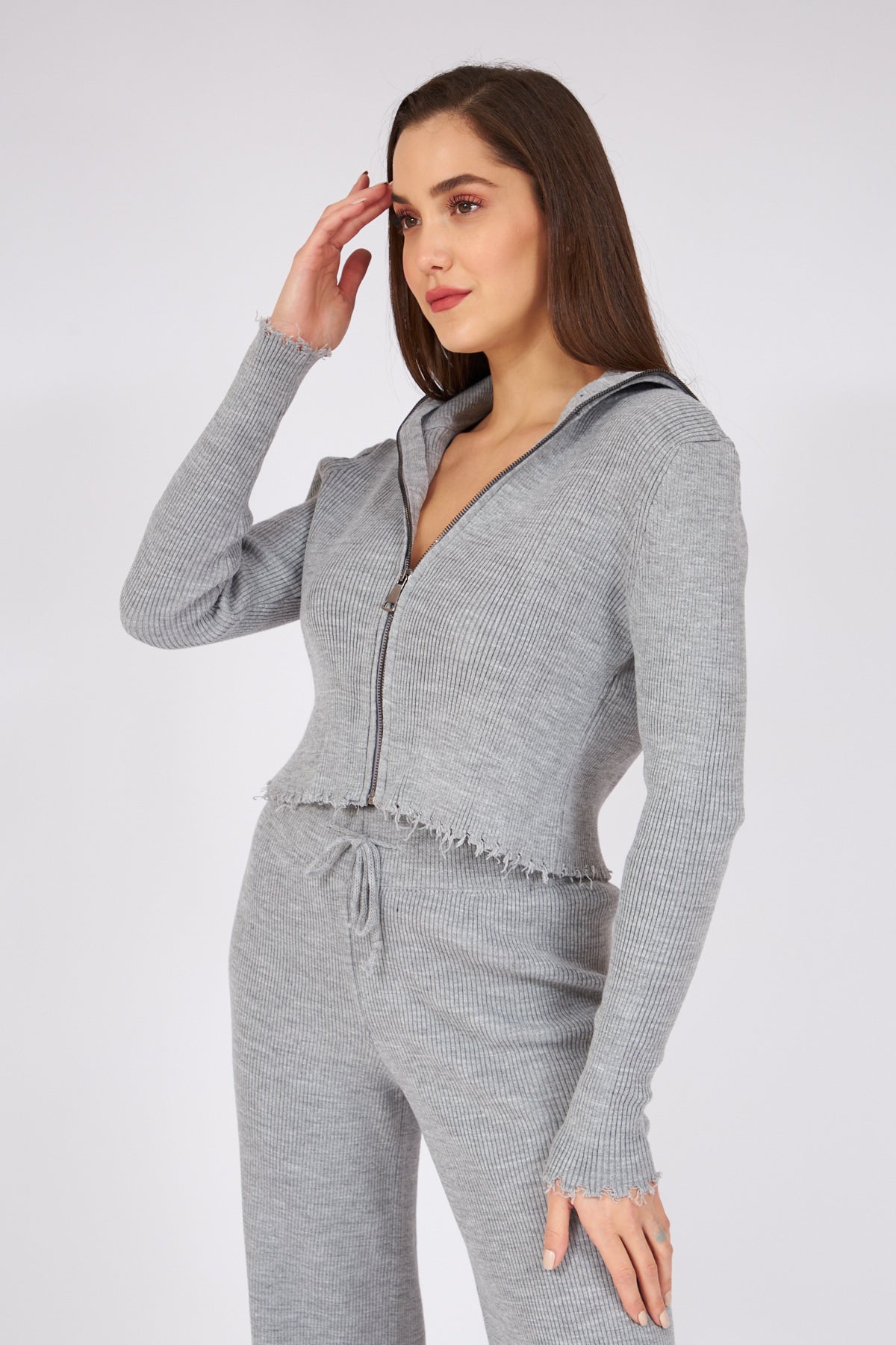 Gray Ripped Detailed Wide Leg Trousers Zippered Knitwear Suit - Lebbse