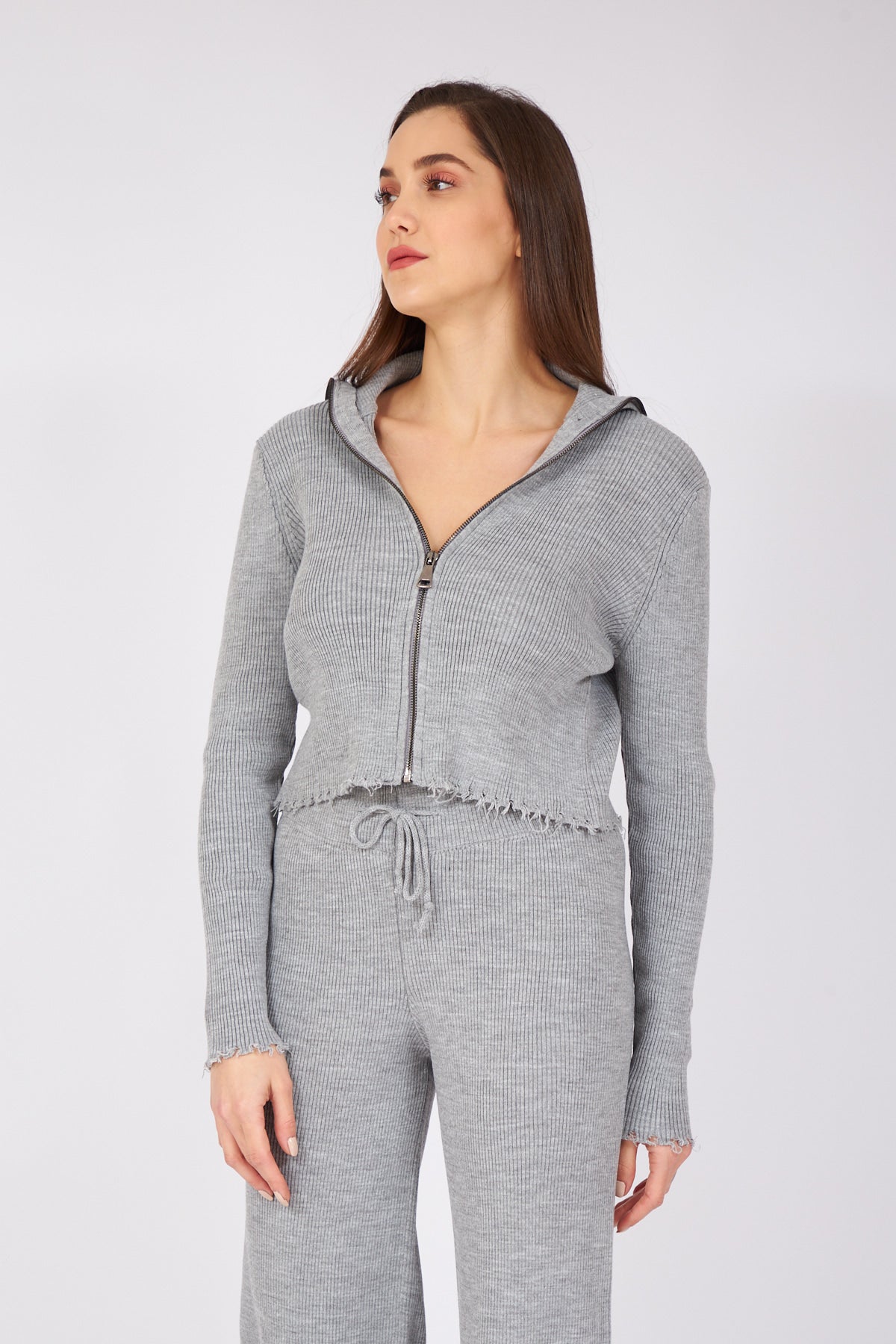 Gray Ripped Detailed Wide Leg Trousers Zippered Knitwear Suit - Lebbse