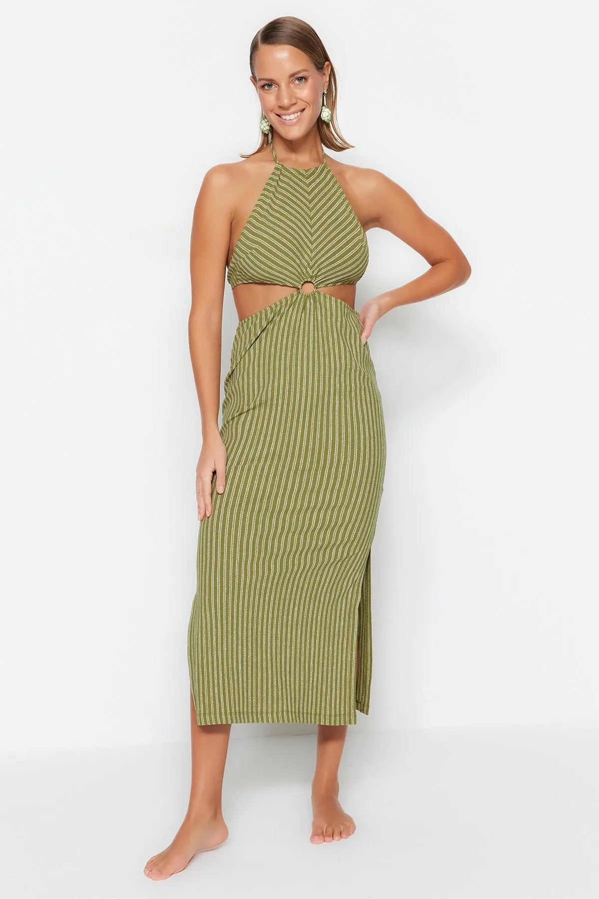 Green Fitted Maxi Knitted Beach Dress With Accessory - Lebbse
