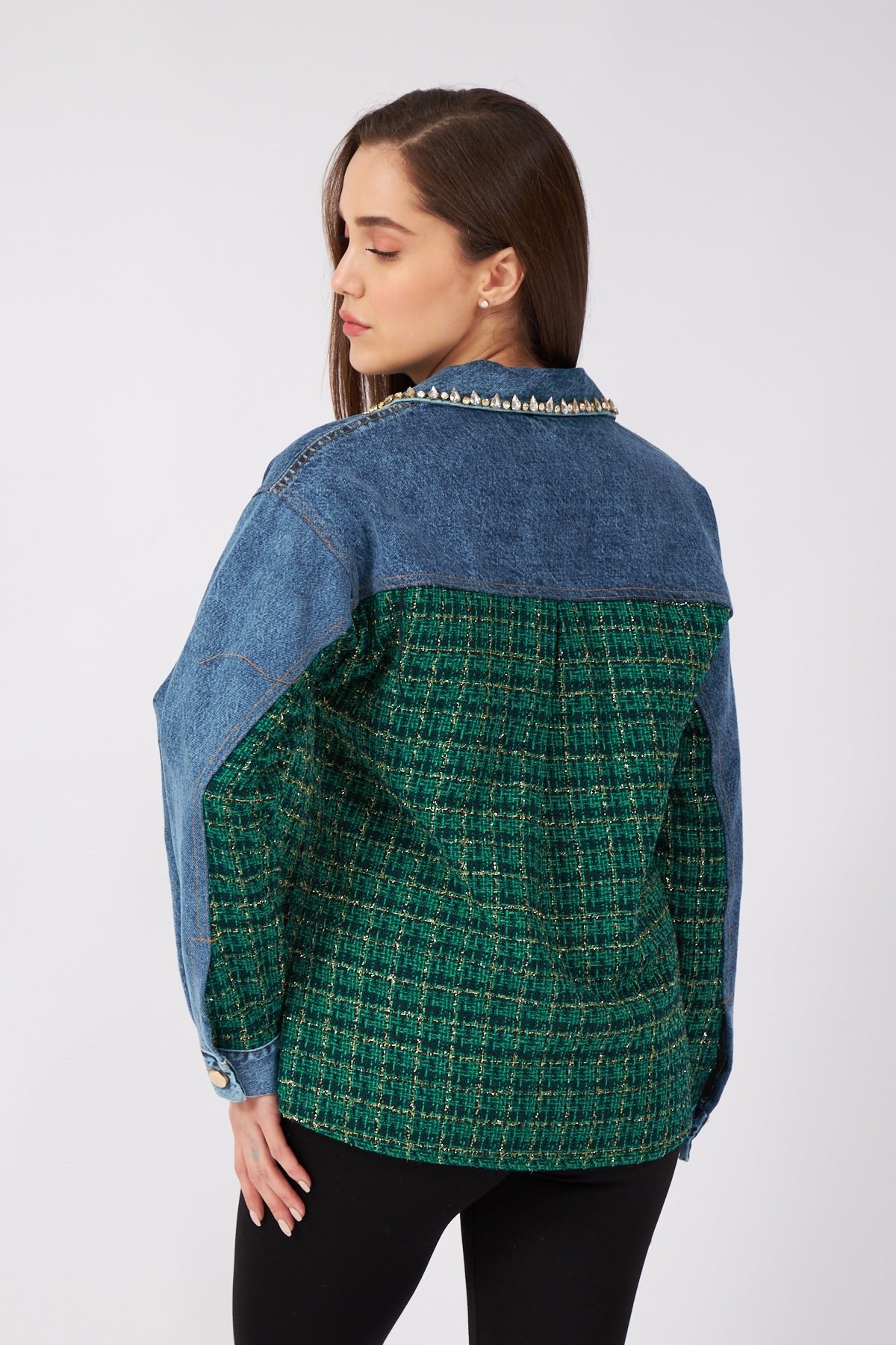 Green Tweed Detailed Denim Jacket with Stone Collar - Lebbse