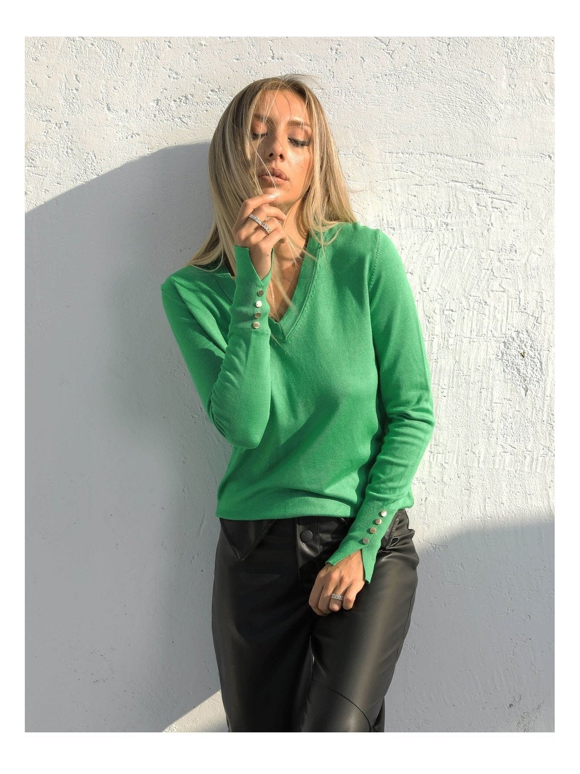 Green V-Neck Sleeve Slit Gold Trok Knitwear - Lebbse