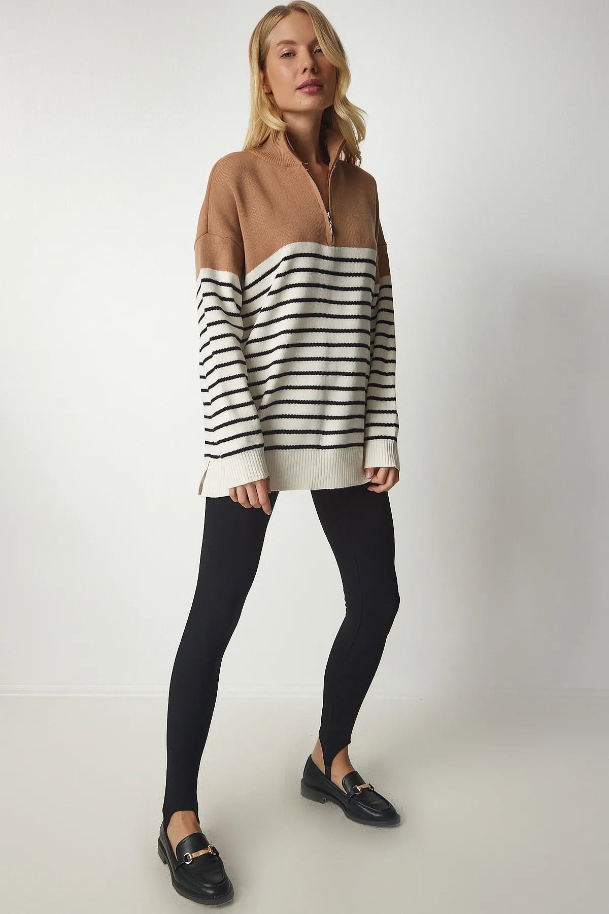 High Collar Striped Zipper Knitwear - Lebbse