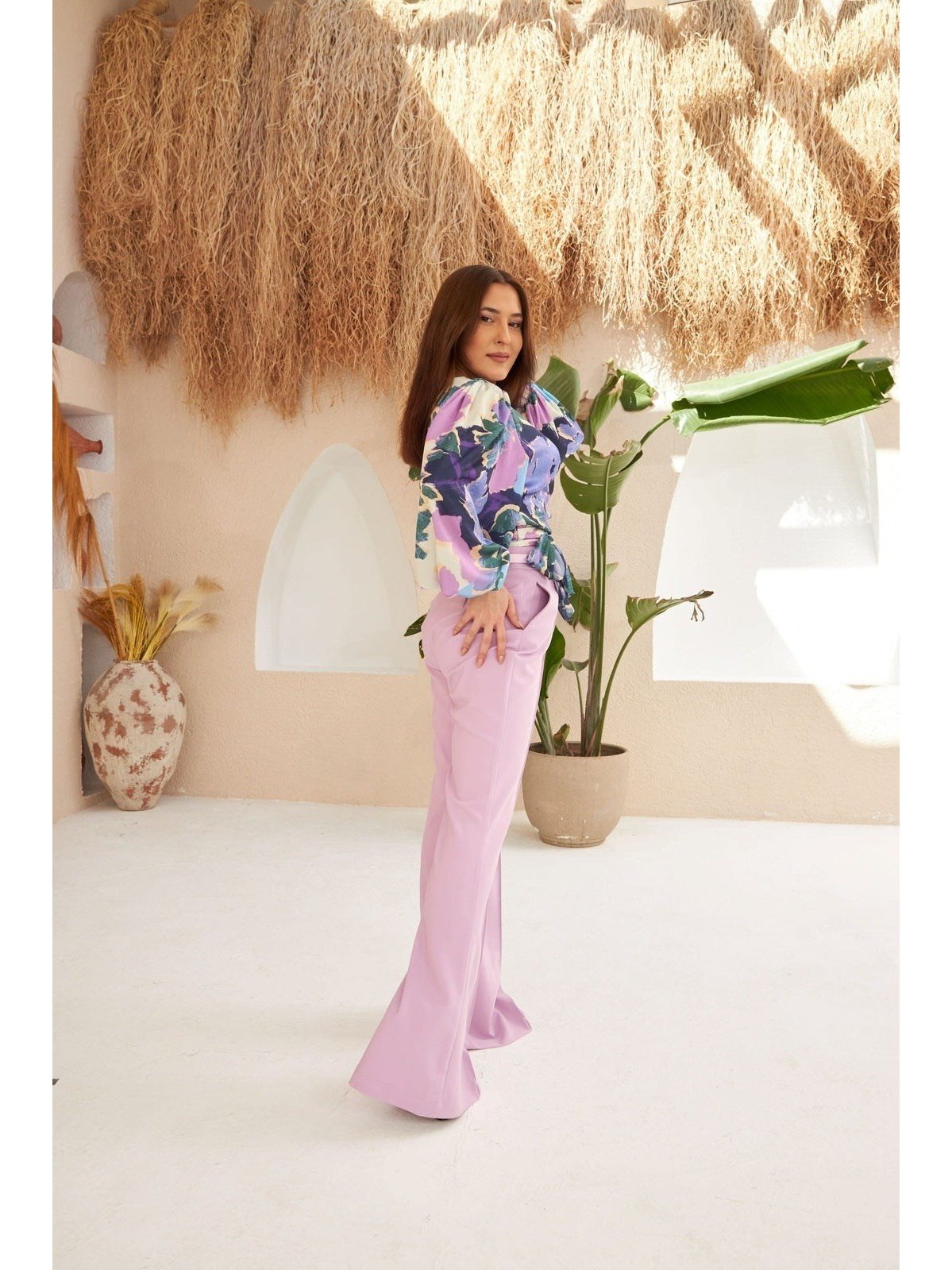 Light Purple Normal Waist Belted Trousers - Lebbse