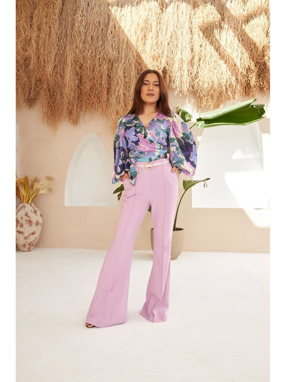 Light Purple Normal Waist Belted Trousers - Lebbse