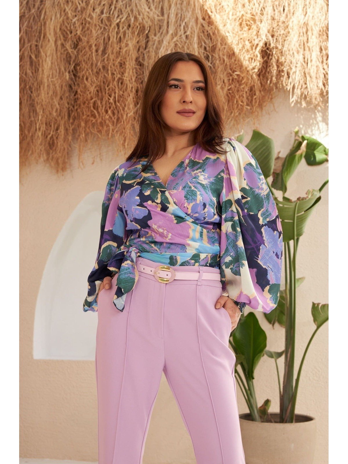 Light Purple Normal Waist Belted Trousers - Lebbse