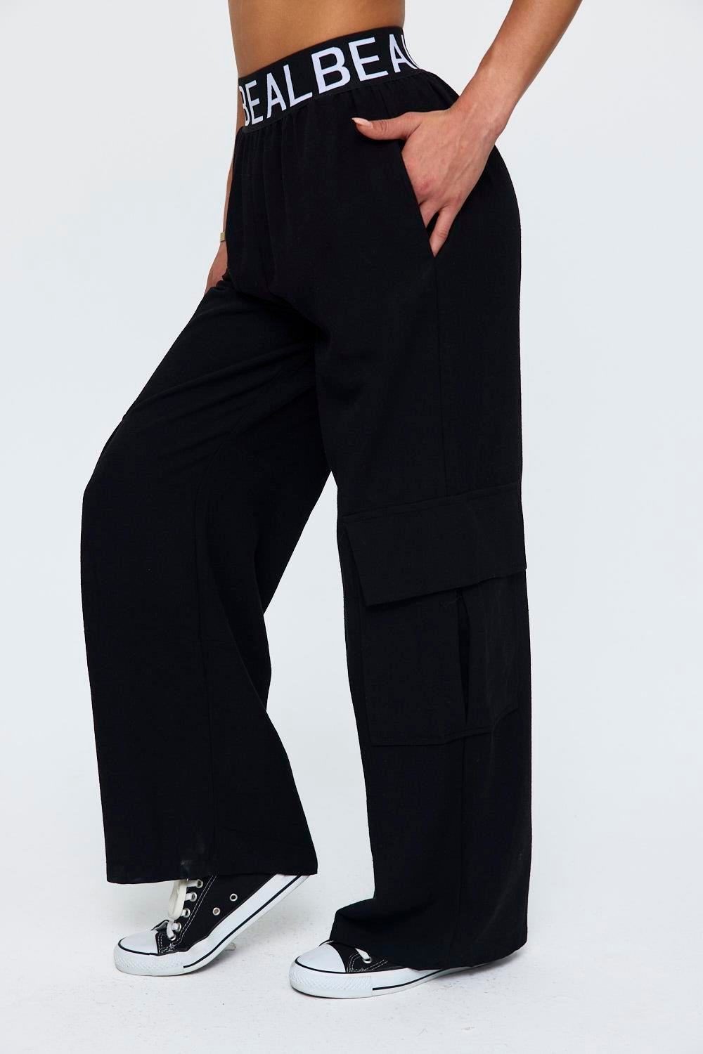 Linen Blended Cargo Black Women's Trousers - Lebbse