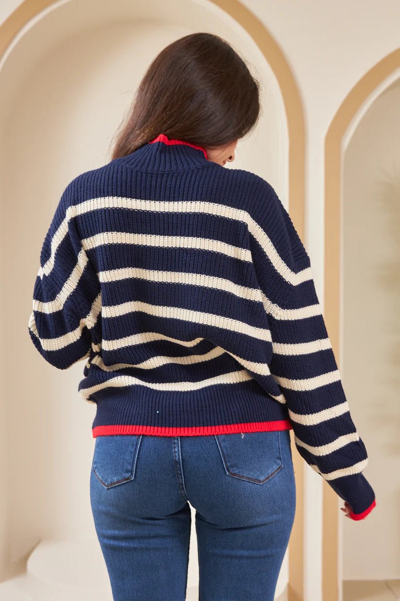 Navy Blue And White Striped Sweater - Lebbse