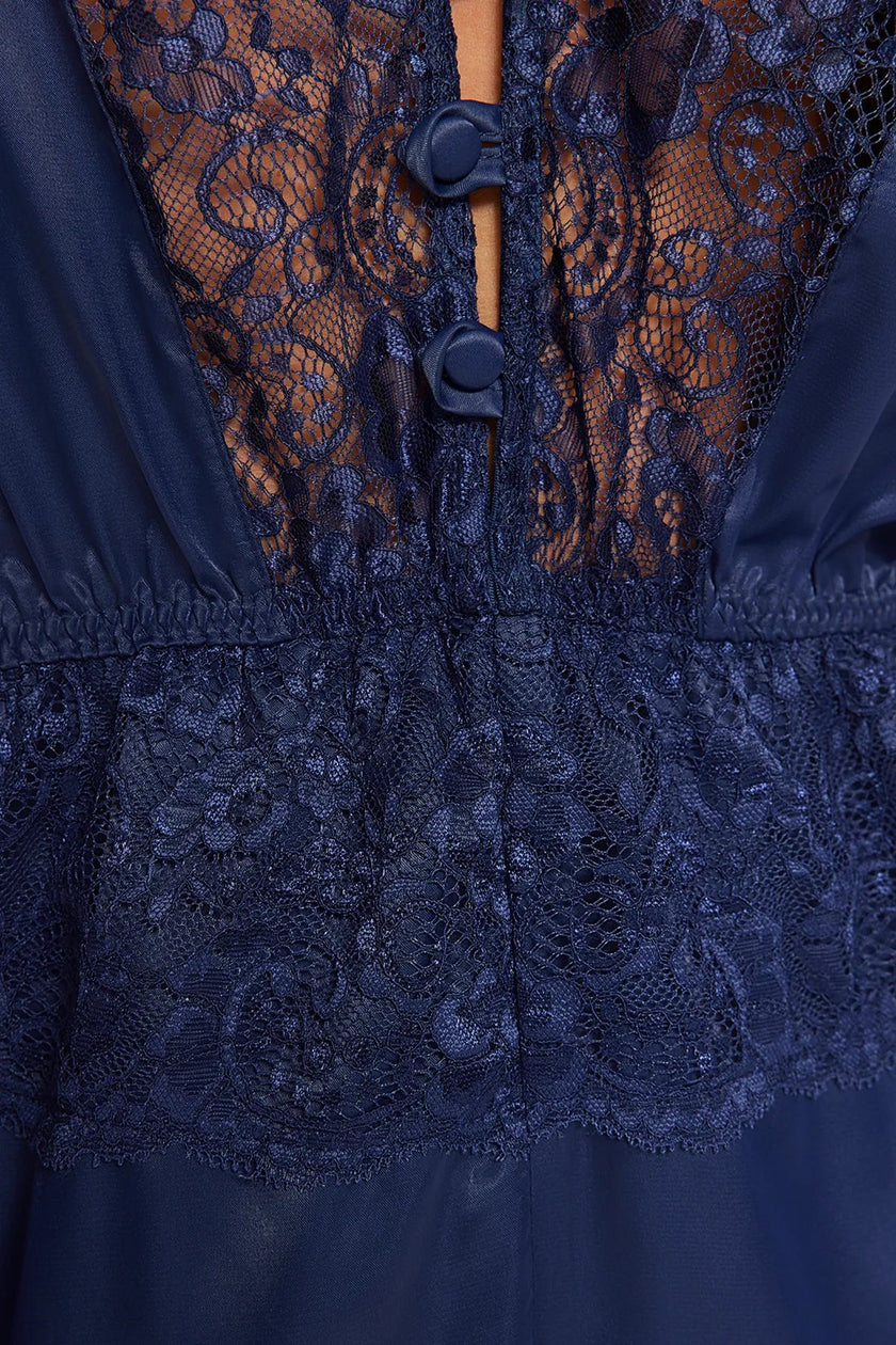Navy Blue Satin Lace Detailed Fantasy Nightgown - Lebbse